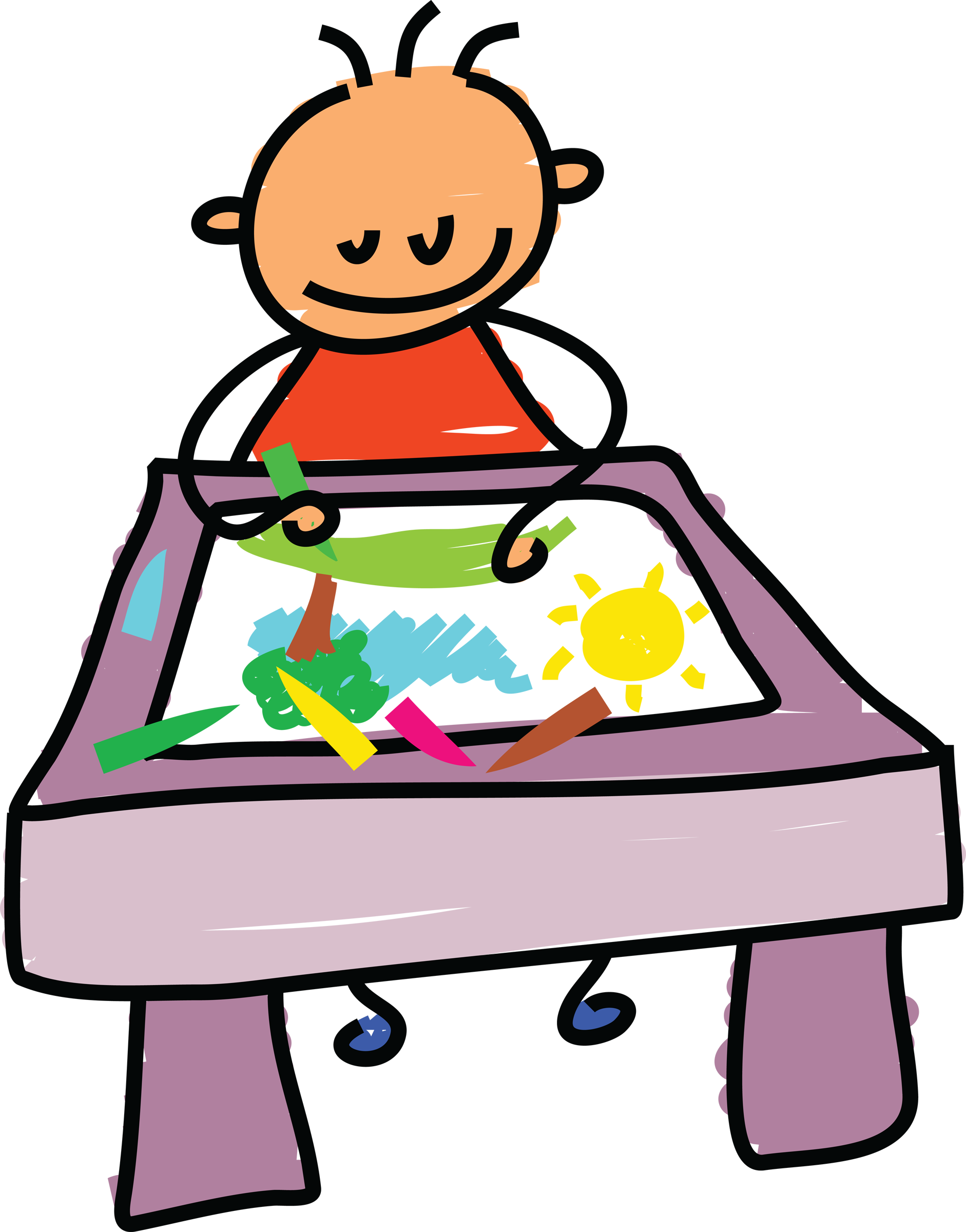 A colourful stick man style picture of a child sitting at a desk and drawing a picture.