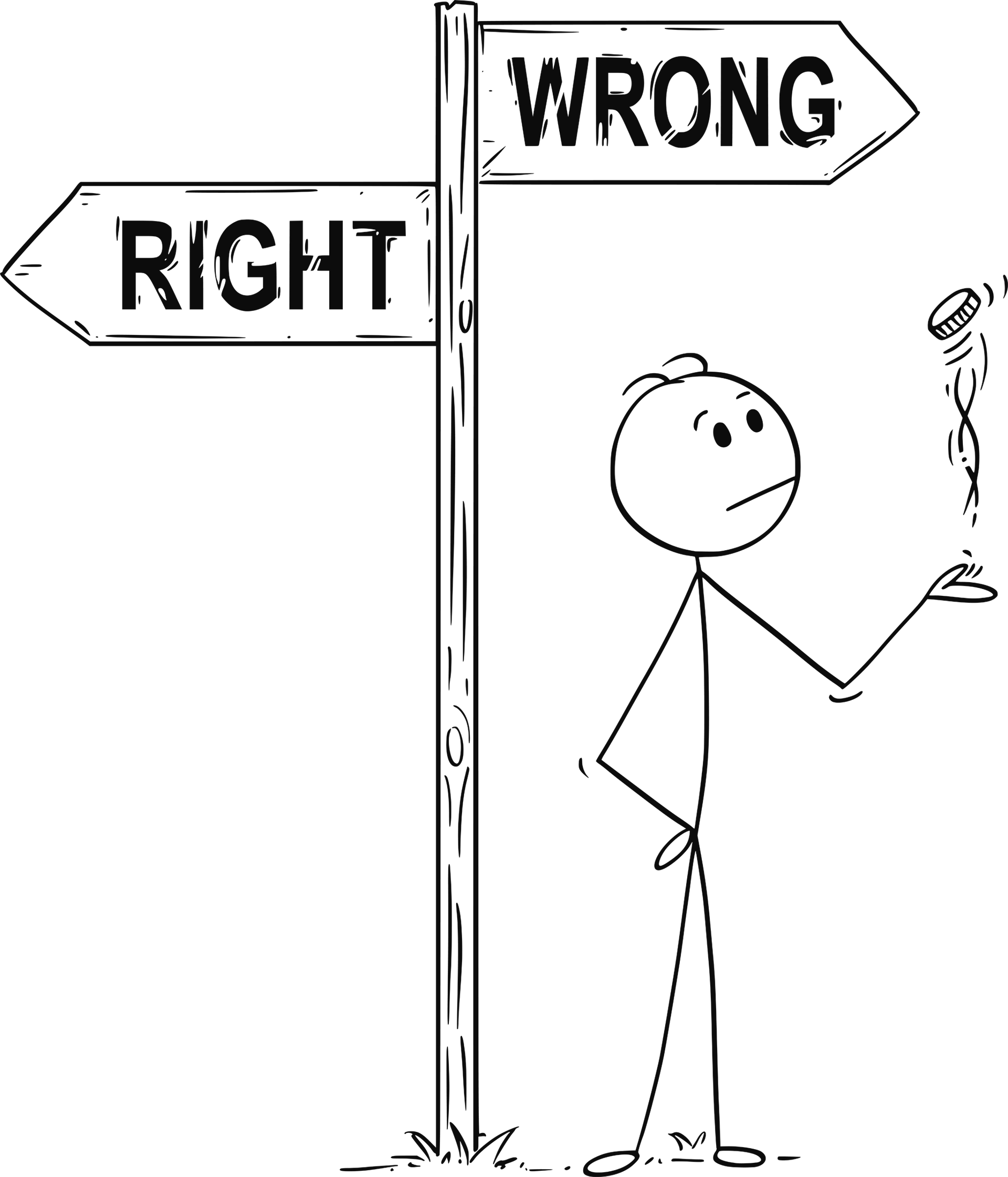 A Stick man flipping a coin. Next to him is a direction sign. One direction points to 'right', the other points to 'wrong'.