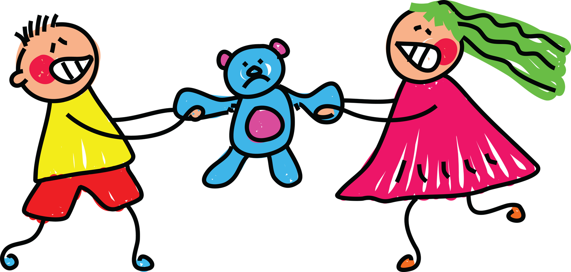 Two colourful stick man style children fighting over a teddy bear.