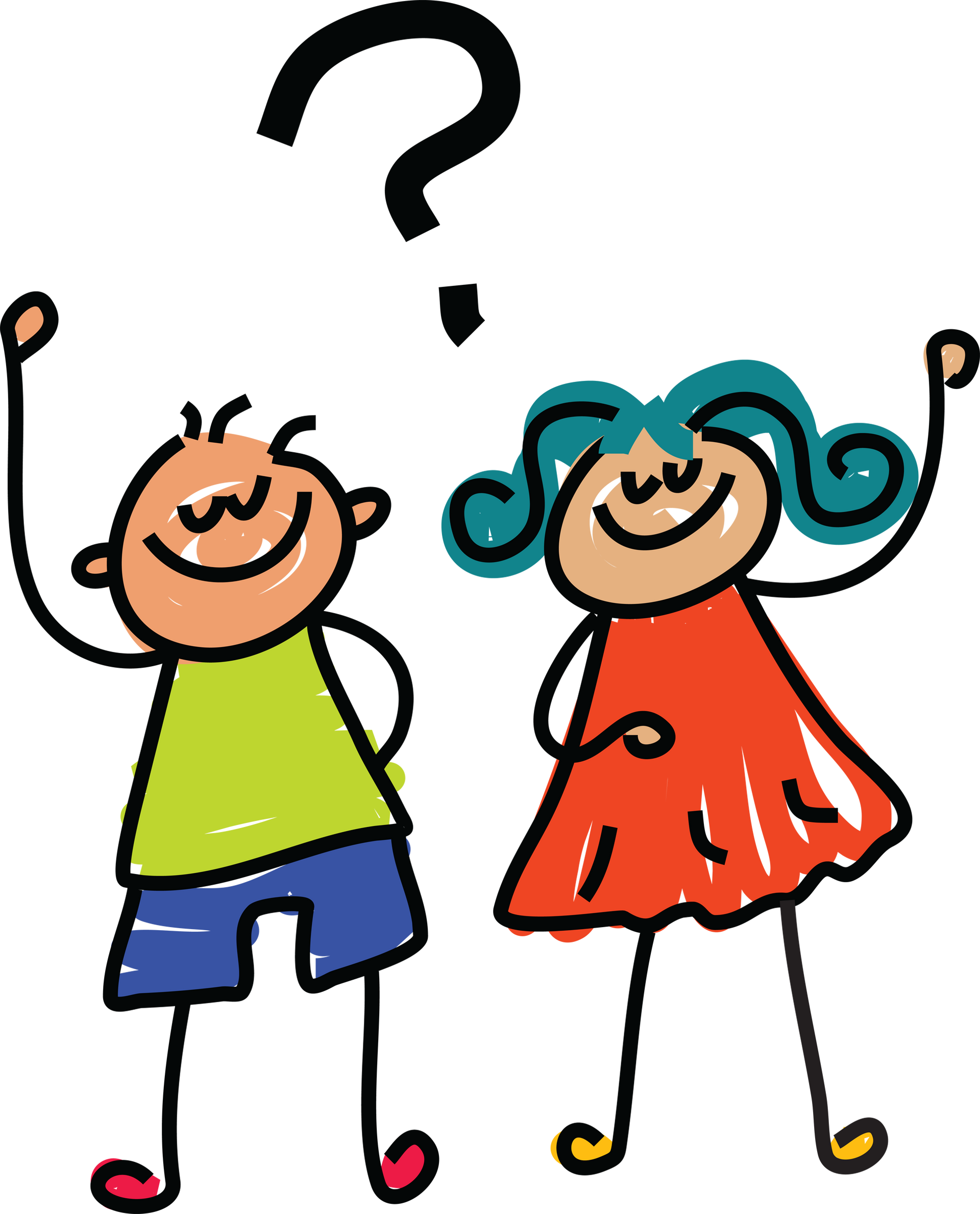 Two line drawn children with a question mark over their heads.