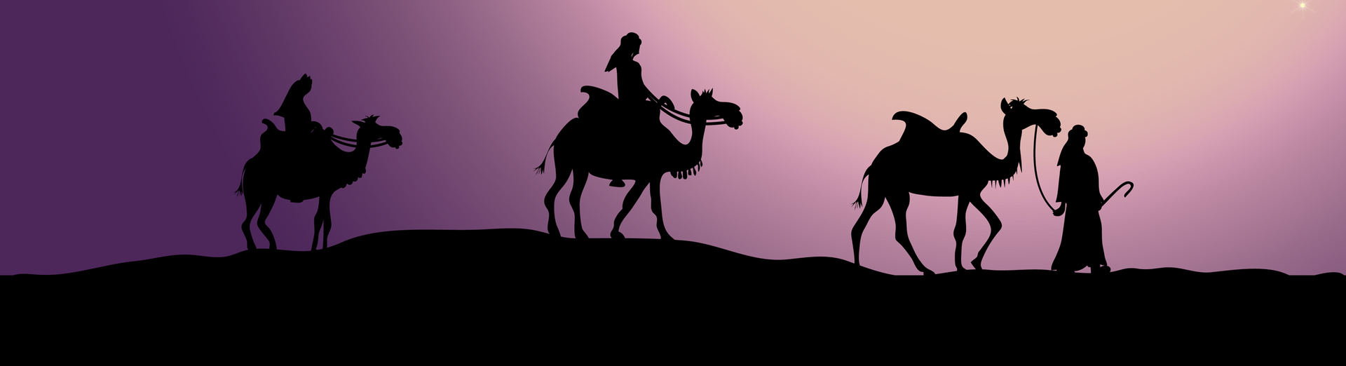 A cartoon drawn in the shadow of night. It is a silhouette of the wise men with their camels.
