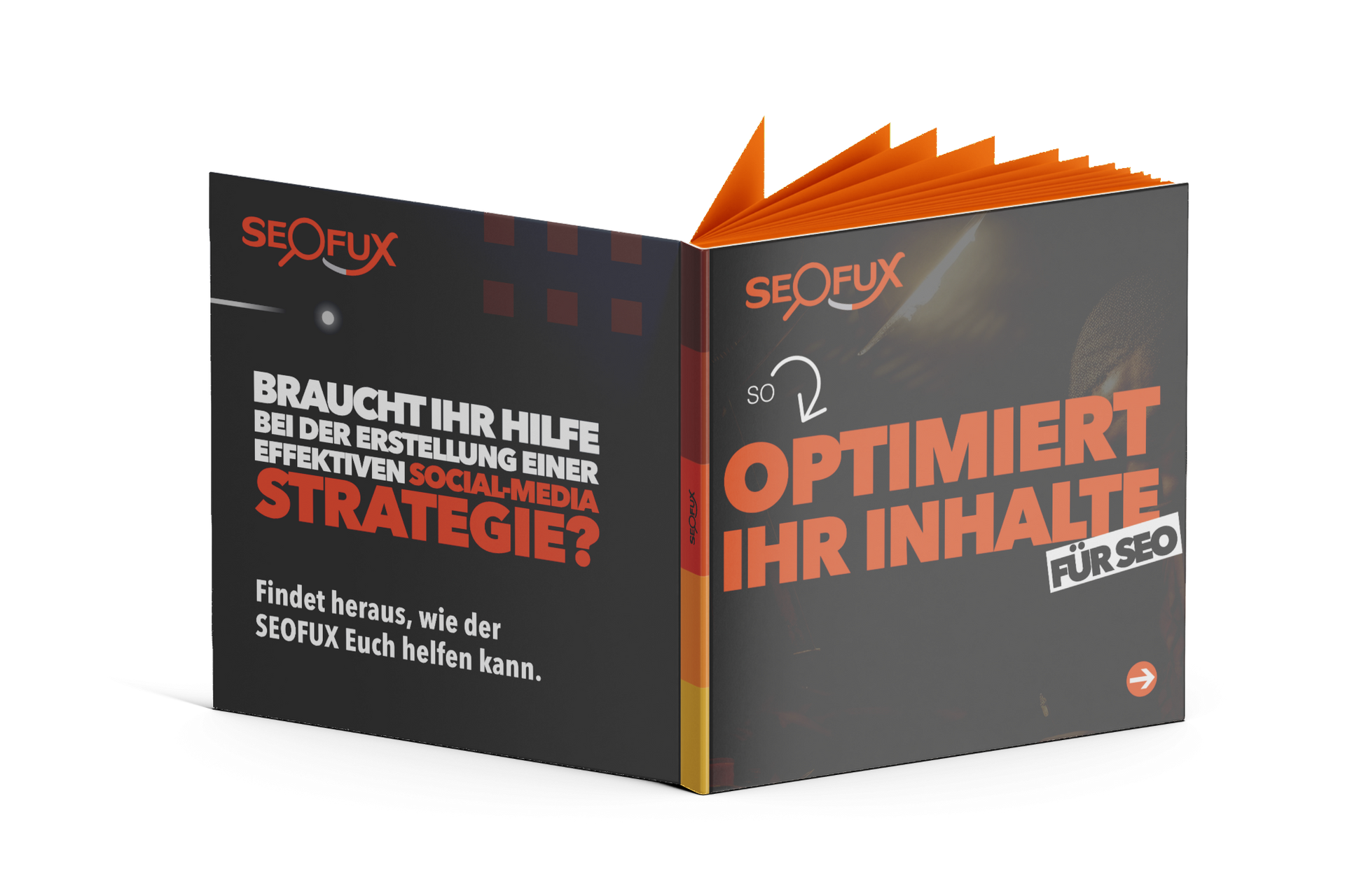 Ein Buch mit dem Titel 'Optimiert Ihre Inhalte für SEO', erstellt von SEOFUX, zur Unterstützung bei Social-Media-Strategien.