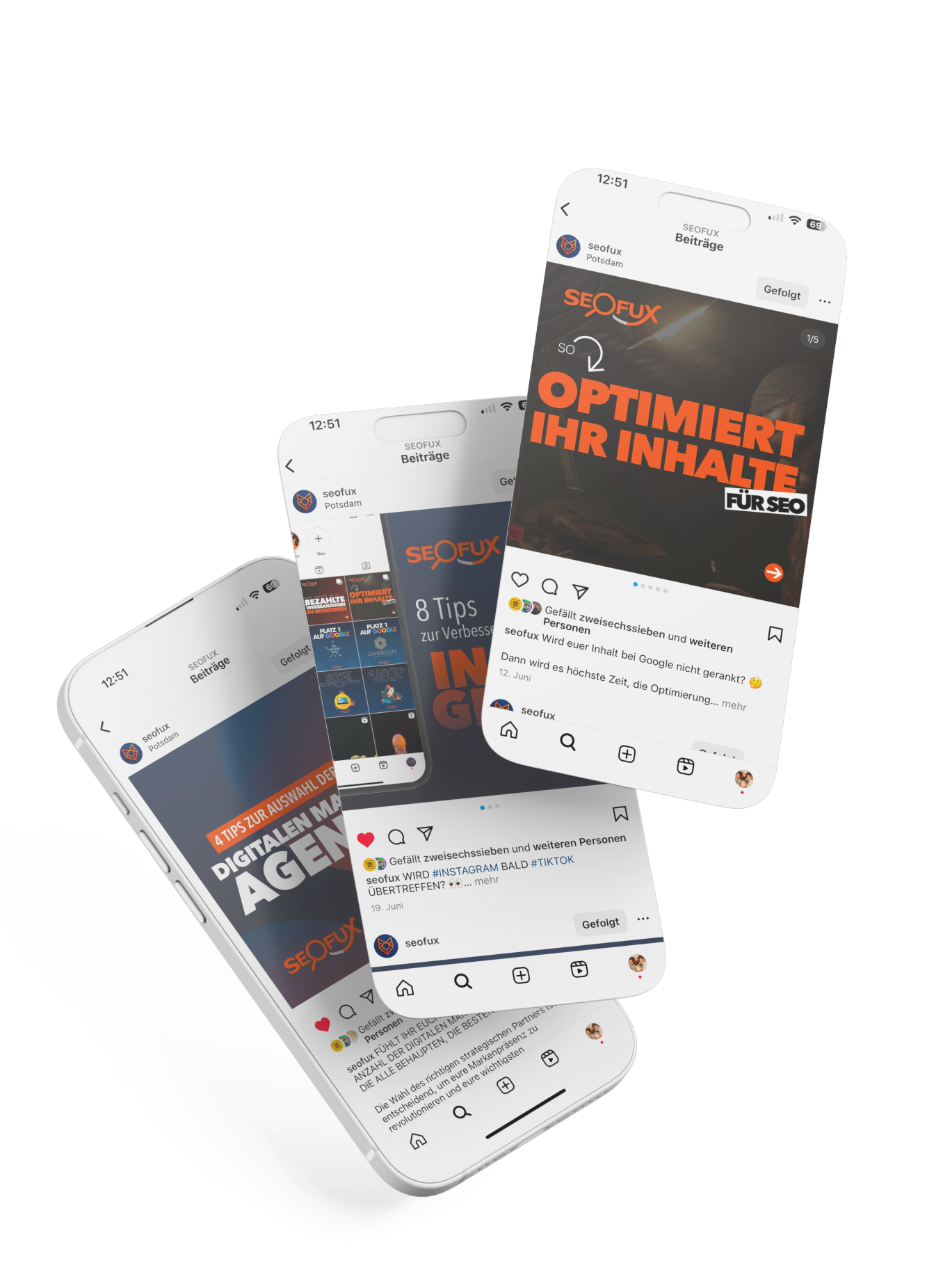 Drei Handys zeigen Social-Media-Beiträge und Tipps zur Suchmaschinenoptimierung und Social-Media-Strategie von SEOFUX.