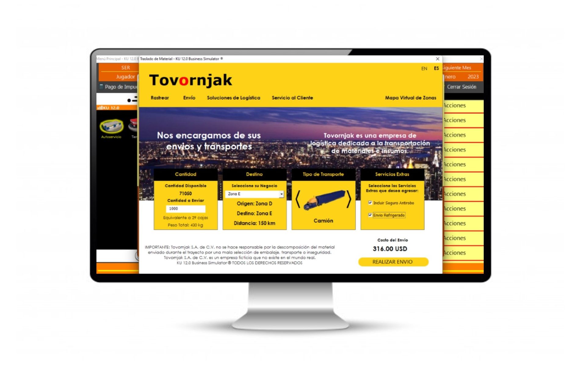 Pantalla de simulación de logística