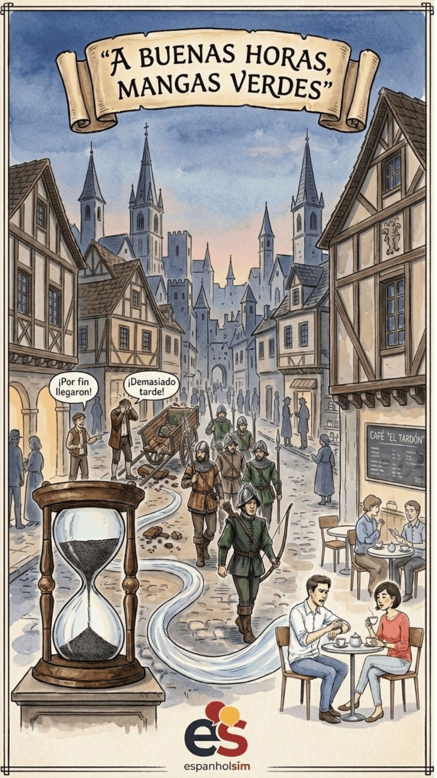 Representación de la expresión española «a buenas horas, mangas verdes»