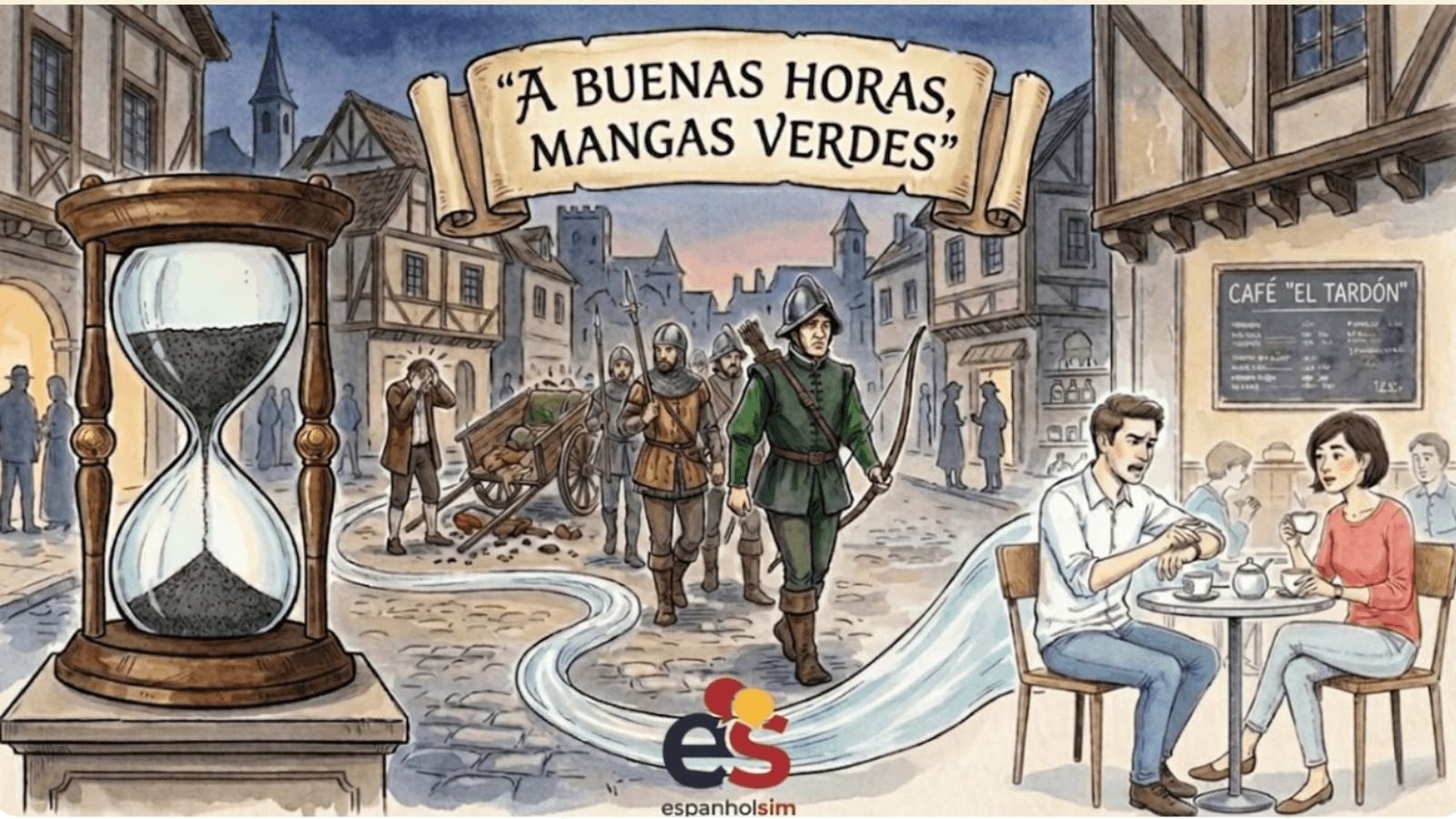 Representación de la expresión española «a buenas horas, mangas verdes»