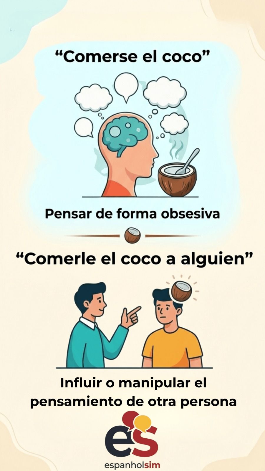 Infografía sobre el significado de la expresión española «comerse el coco», con definición y ejemplos de uso.