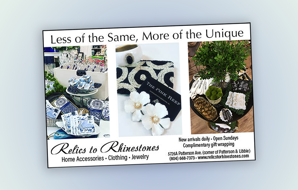 Half page ad for Relics to Rhinestones