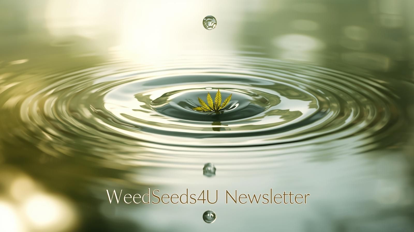 Kristallklarer Wassertropfen mit Hanfblatt-Spiegelung auf ruhiger Wasseroberfläche im goldenen Licht, Symbol für natürliche Heilung, Balance und den WeedSeeds4U Newsletter.