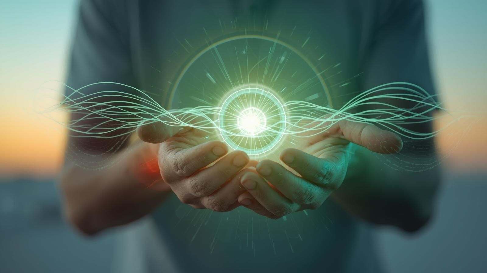 Hände halten leuchtende Kugel mit grünen Lichtwellen vor einer abstrakten Europakarte, symbolisiert