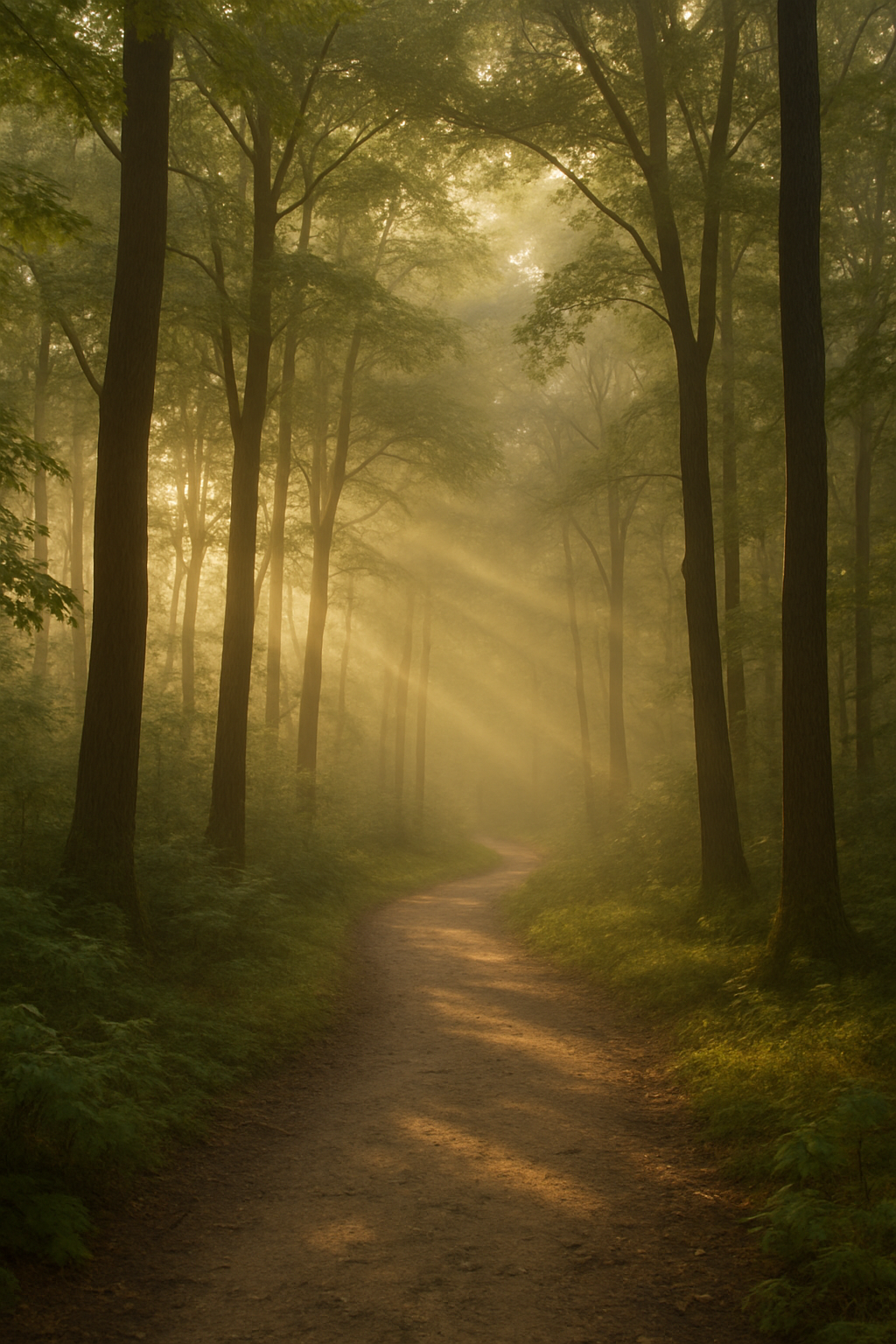 Ruhiger Waldweg im Morgenlicht als Symbol für einen sanften, natürlichen Weg aus chronischen Schmerz