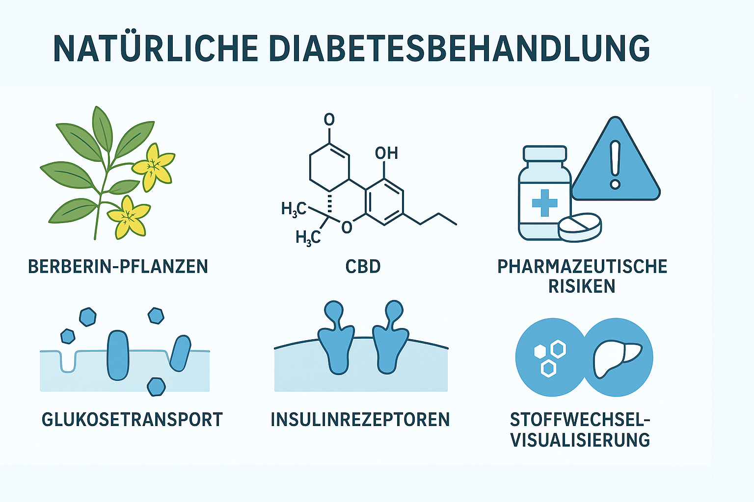 Infografik „Natürliche Diabetesbehandlung“: Berberin, CBD, Glukosetransport, Insulinrezeptoren