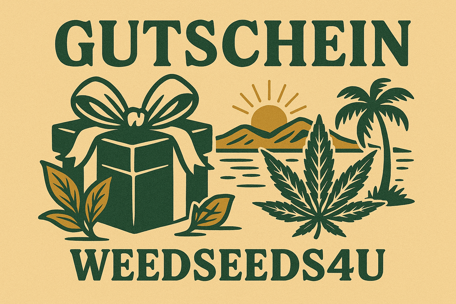 Retro-Grafik des WeedSeeds4U Geschenkgutscheins mit grün-beigem Design, Geschenkbox und Teneriffa-El