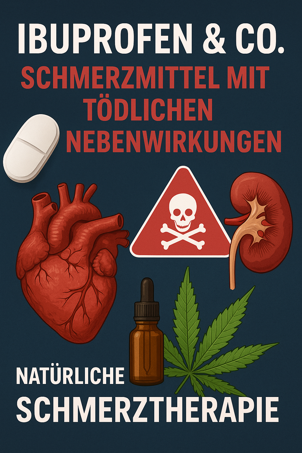 Eine Pille und ein Hanfblatt zu dem Artikel Schmerzmittel mit Nebenwirkungen rote Schrift und Ibuprofen in weiss