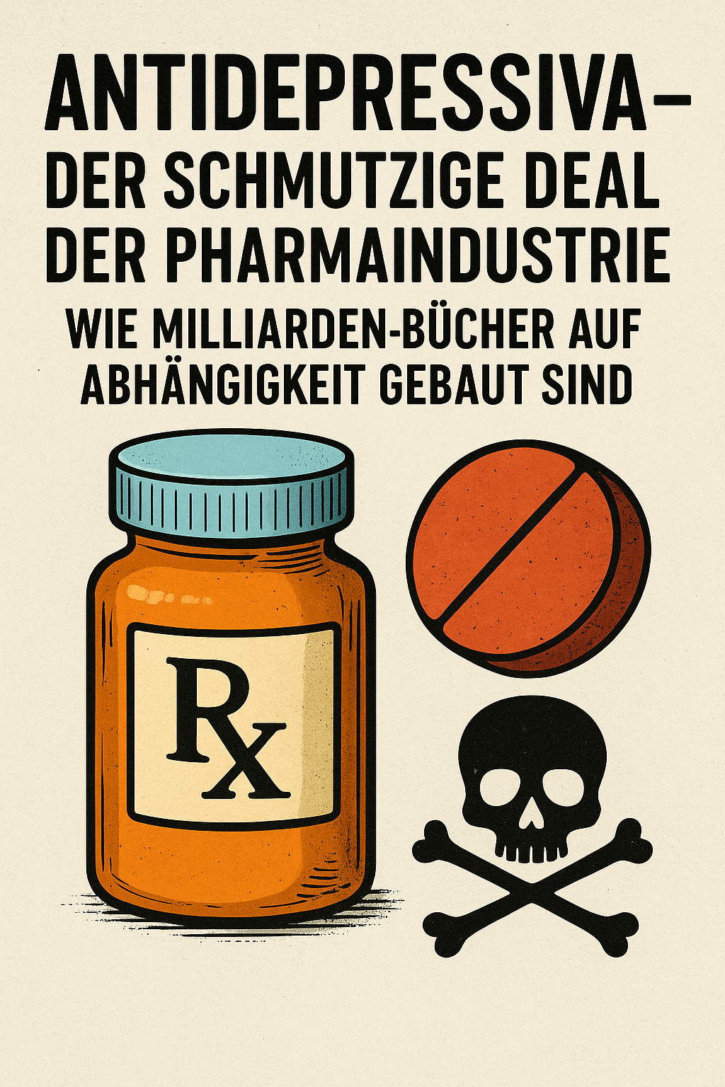 Eine Dose mit Antidepressiva daneben eine Tablette und ein totenkopf alles im retro stil