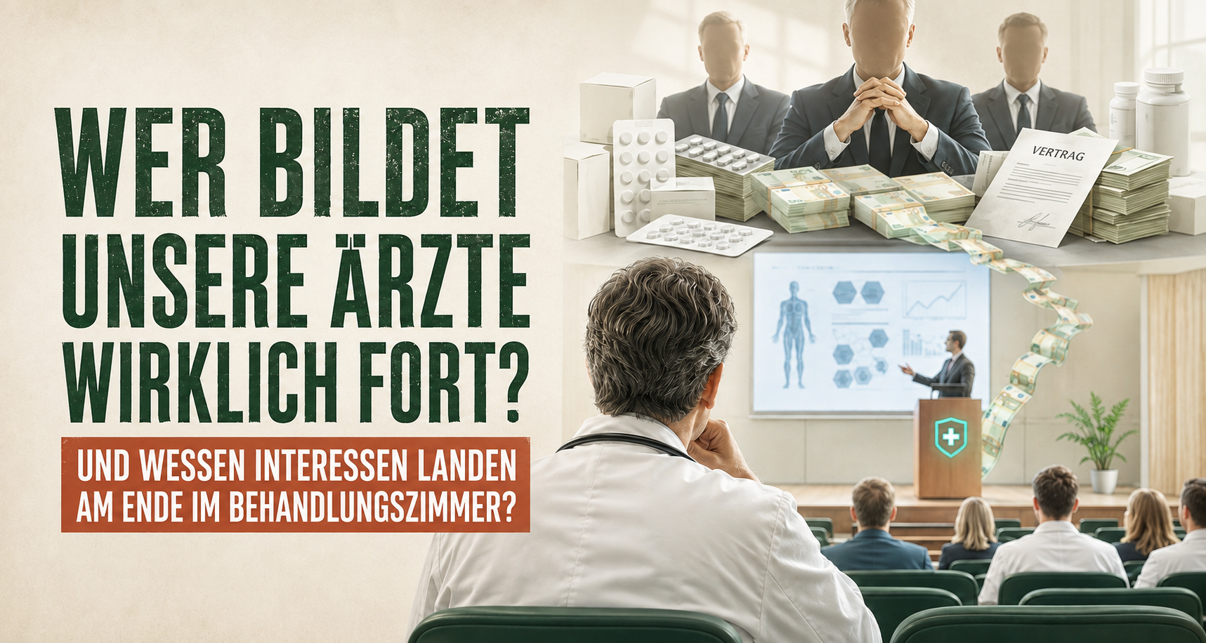 Arzt bei einer von Pharmakonzernen finanzierten Fortbildung mit Geld, Medikamenten und Verträgen