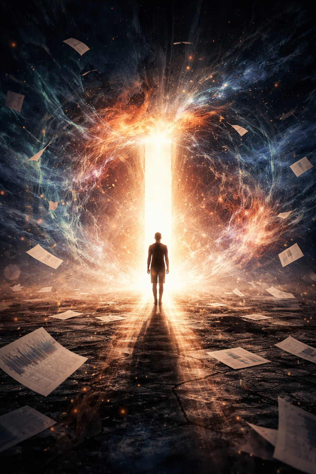 Silhouette einer Person vor hellem Licht, umgeben von schwebenden Dokumenten und Datenfragmenten.