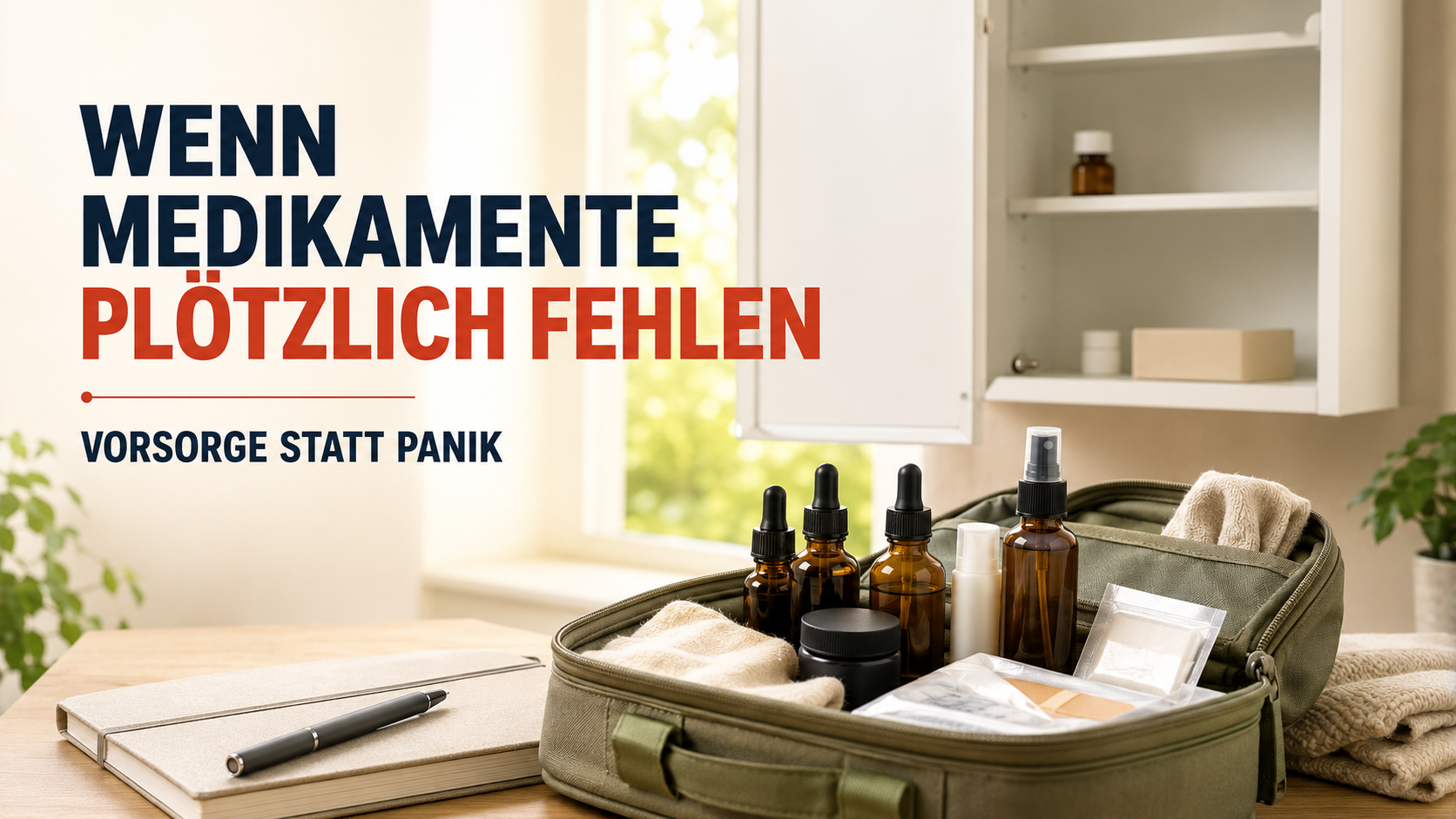 Resilienz-Notfallset vor leerem Medikamentenschrank – Vorsorge statt Panik