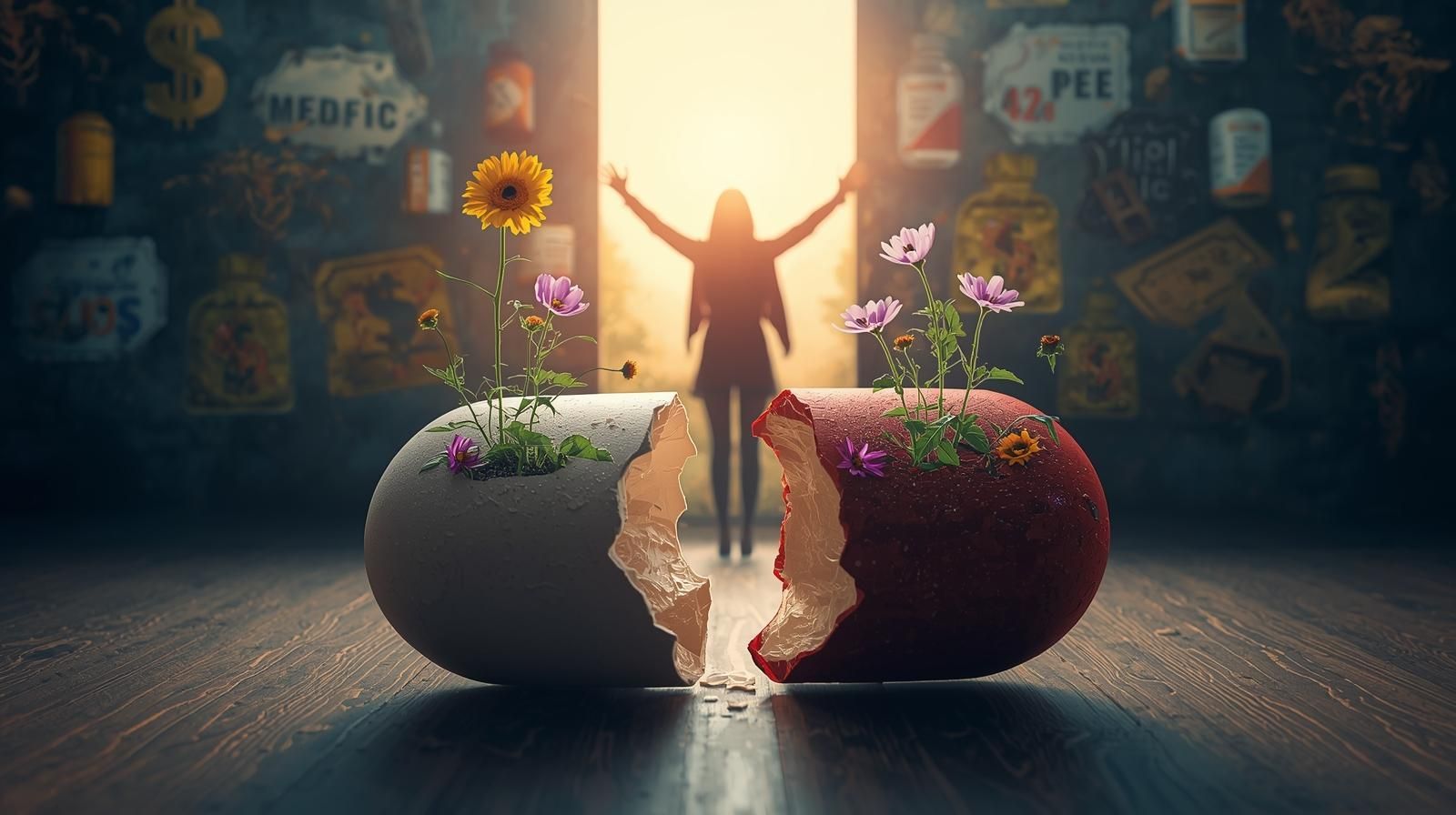 Eine aufgebrochene Pille im Hintergrund jubelt eine Frau aus der Pille spriessen Blumen als Gegensatz zur Pharmaindustrie