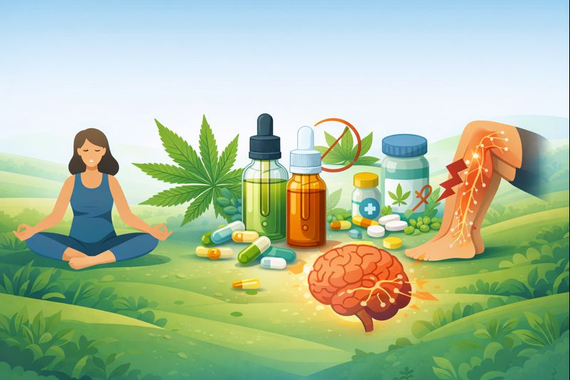 Schmerztherapie 2026 Infografik: Cannabinoide bei Nervenschmerzen, CBG und CBD, Opioid-Sparing, mult