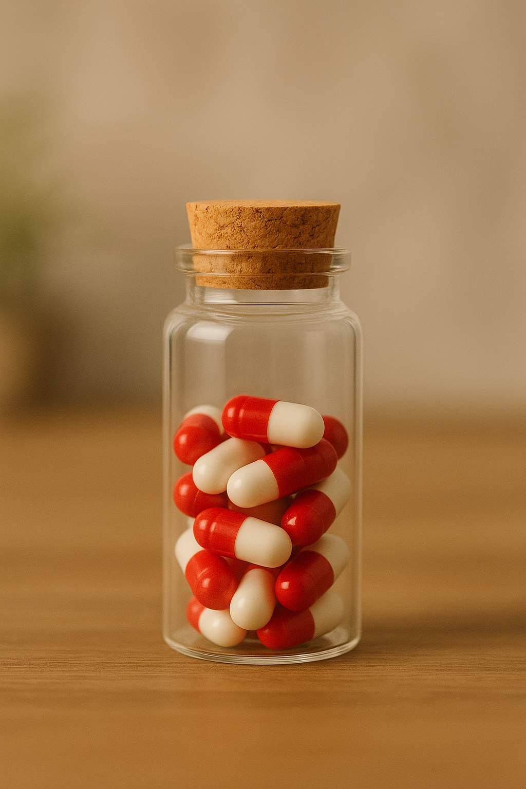 Glasfläschchen mit roten und weißen Kapseln – natürliche Immunkraft Kur 12 für Abwehrstärkung
