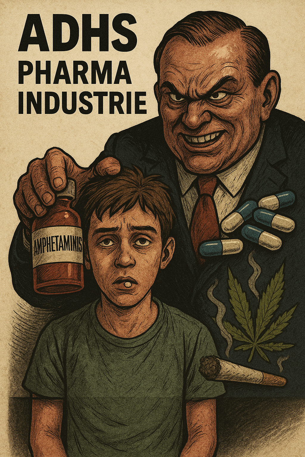 Illustration zur Kritik an Pharmaindustrie und ADHS-Behandlung