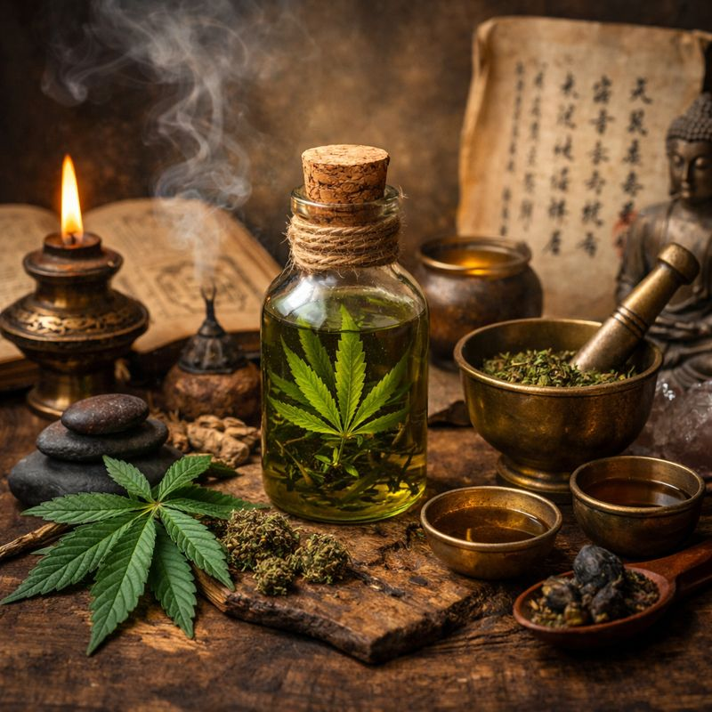 Historische Heilkunst mit Cannabis-Essenz – Glasflasche mit Cannabisblättern, Kräuterschalen