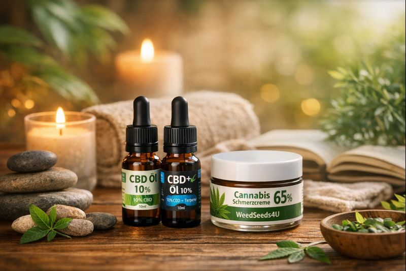 CBD Wellness-Produkte von WeedSeeds4U: 10% CBD-Öl, 10% CBD+ Öl und 65% Cannabis-Schmerzcreme