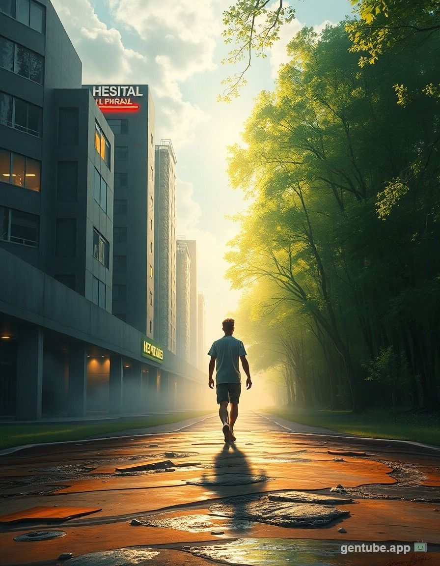 Symbolisches Kunstwerk: Ein Mensch wendet sich von der grauen Welt der Pharmaindustrie und Krankenhäuser ab und geht in Richtung leuchtender Natur voller Licht, Pflanzen und Heilung – Sinnbild für Eigenverantwortung, natürliche Schmerztherapie und die Rückkehr zu ganzheitlicher Gesundheit.