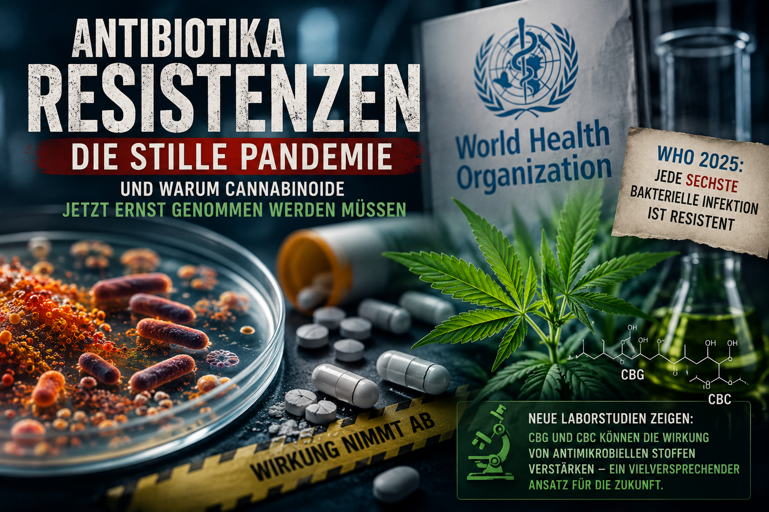 Antibiotikaresistenzen und Cannabinoid-Forschung mit Petrischale, Tabletten und Hanfpflanze