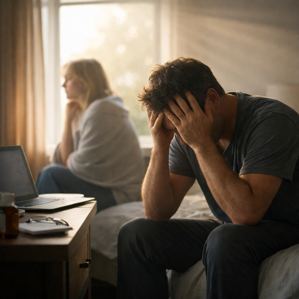 Mann mit Burnout und Erschöpfung sitzt mit Kopf in den Händen während Frau erschöpft am Fenster sitz