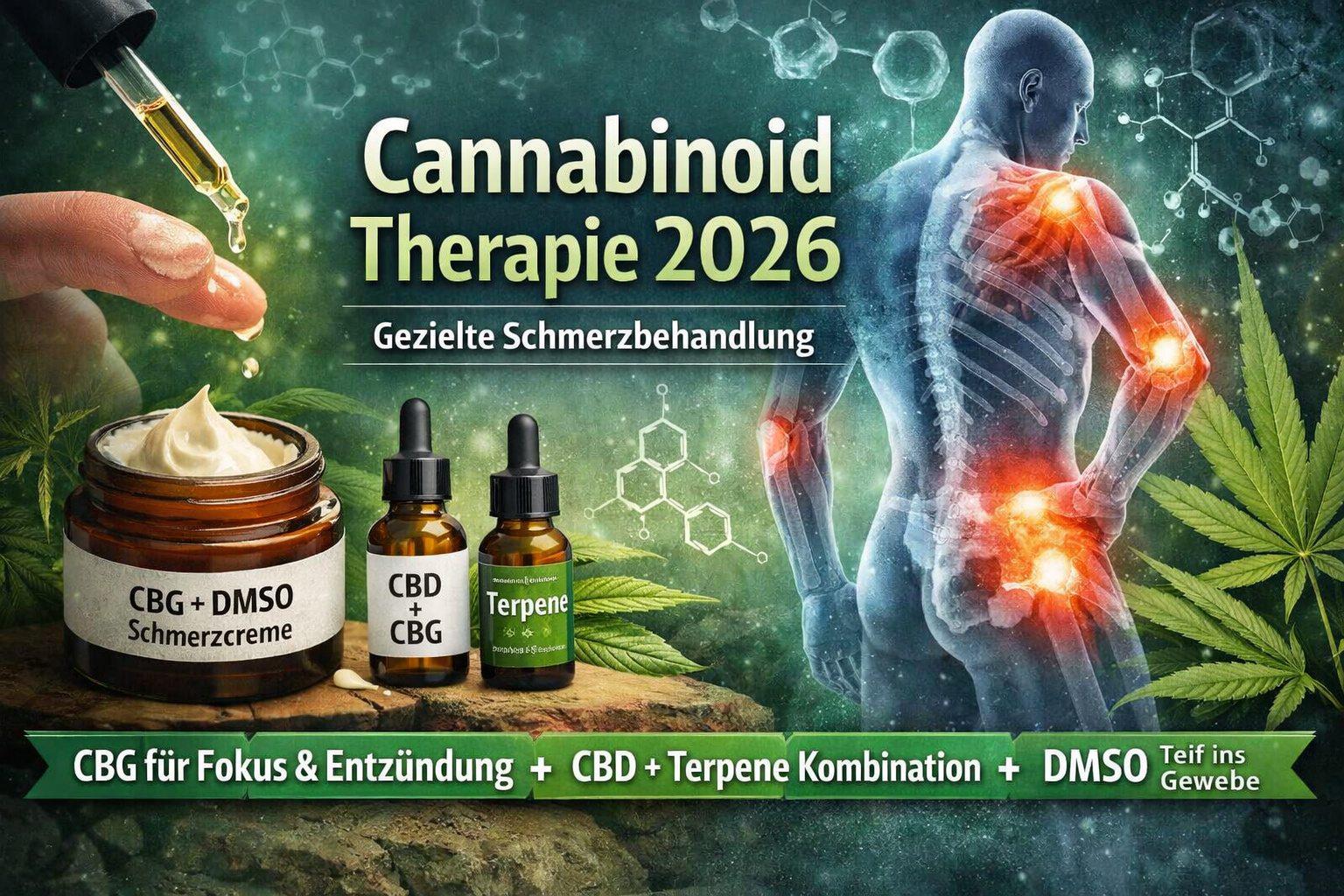 Cannabinoid Therapie 2026 mit CBG, CBD, Terpenen und DMSO zur gezielten Schmerzbehandlung im Gewebe