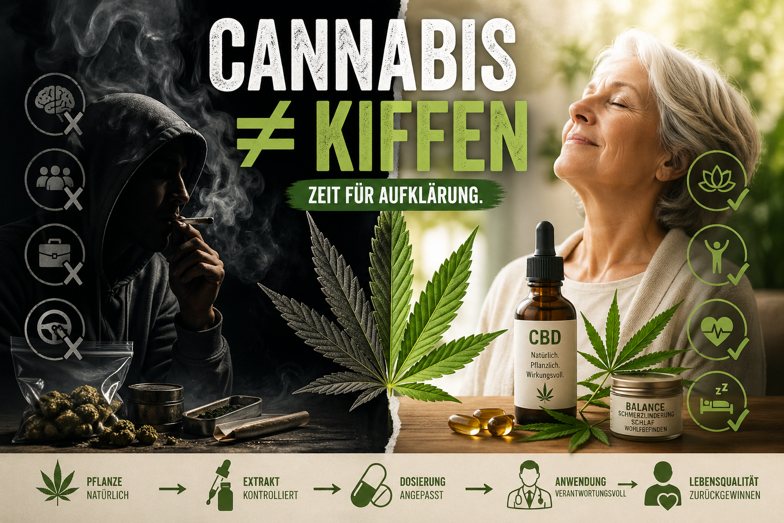 FAQ-Bild: Cannabis ist nicht automatisch Kiffen – CBD, THC und medizinische Anwendung verständlich