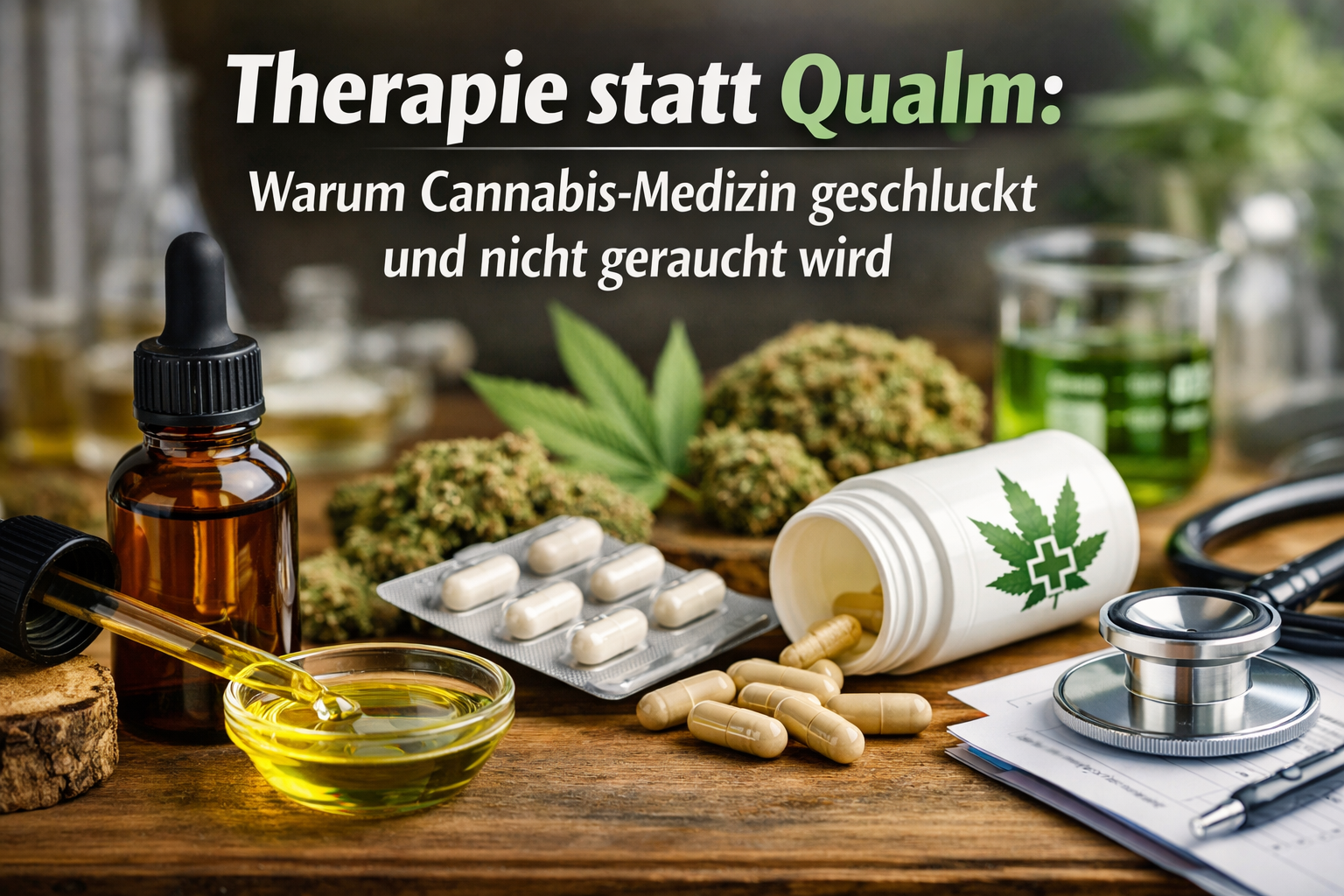 Medizinische Cannabisprodukte wie CBD Öl, Kapseln und Tropfen auf Tisch – orale Einnahme statt Rauch