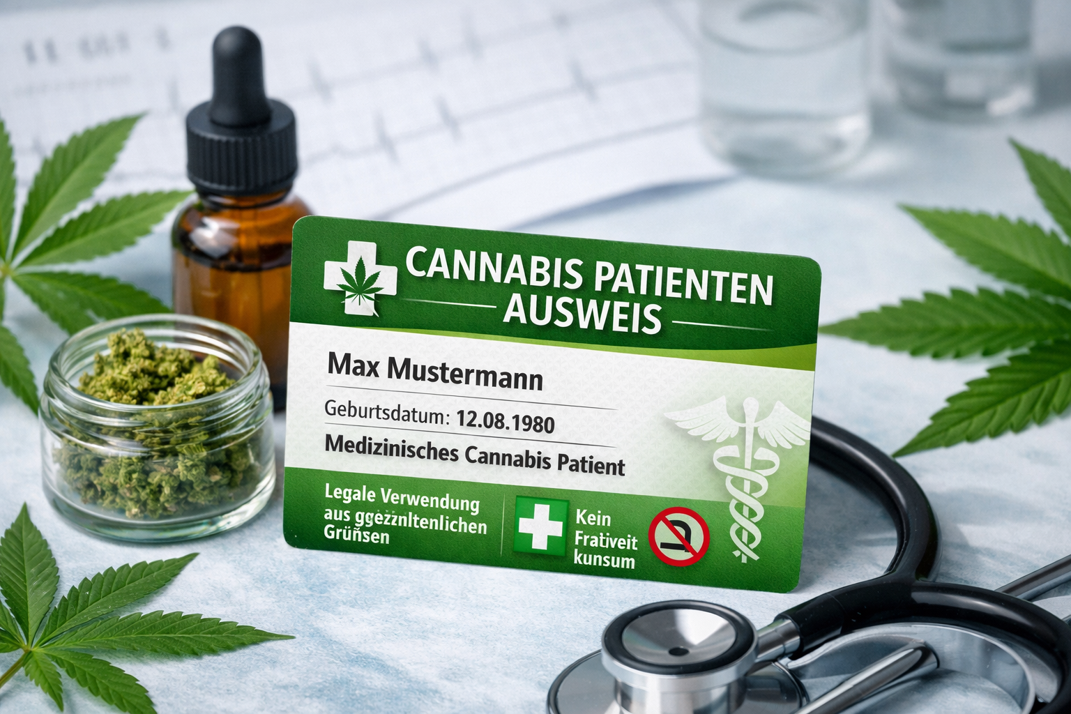 Cannabis Patientenausweis neben ein paar Cannabis Produkten