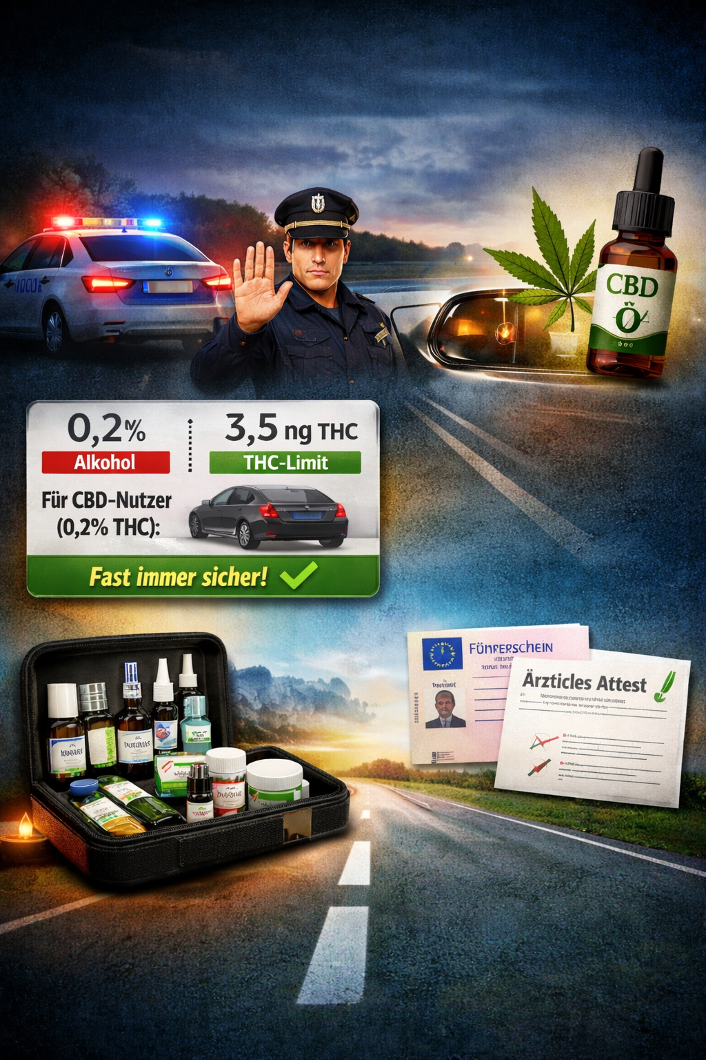 Polizeikontrolle auf Landstraße mit Streifenwagen, Fahrer im Auto, CBD Öl Flasche, Cannabisblatt