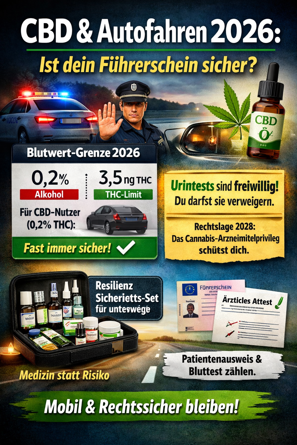 Polizeikontrolle auf Landstraße mit Streifenwagen, Fahrer im Auto, CBD Öl Flasche, Cannabisblatt und medizinische Dokumente als Symbol für sicheres Autofahren mit CBD