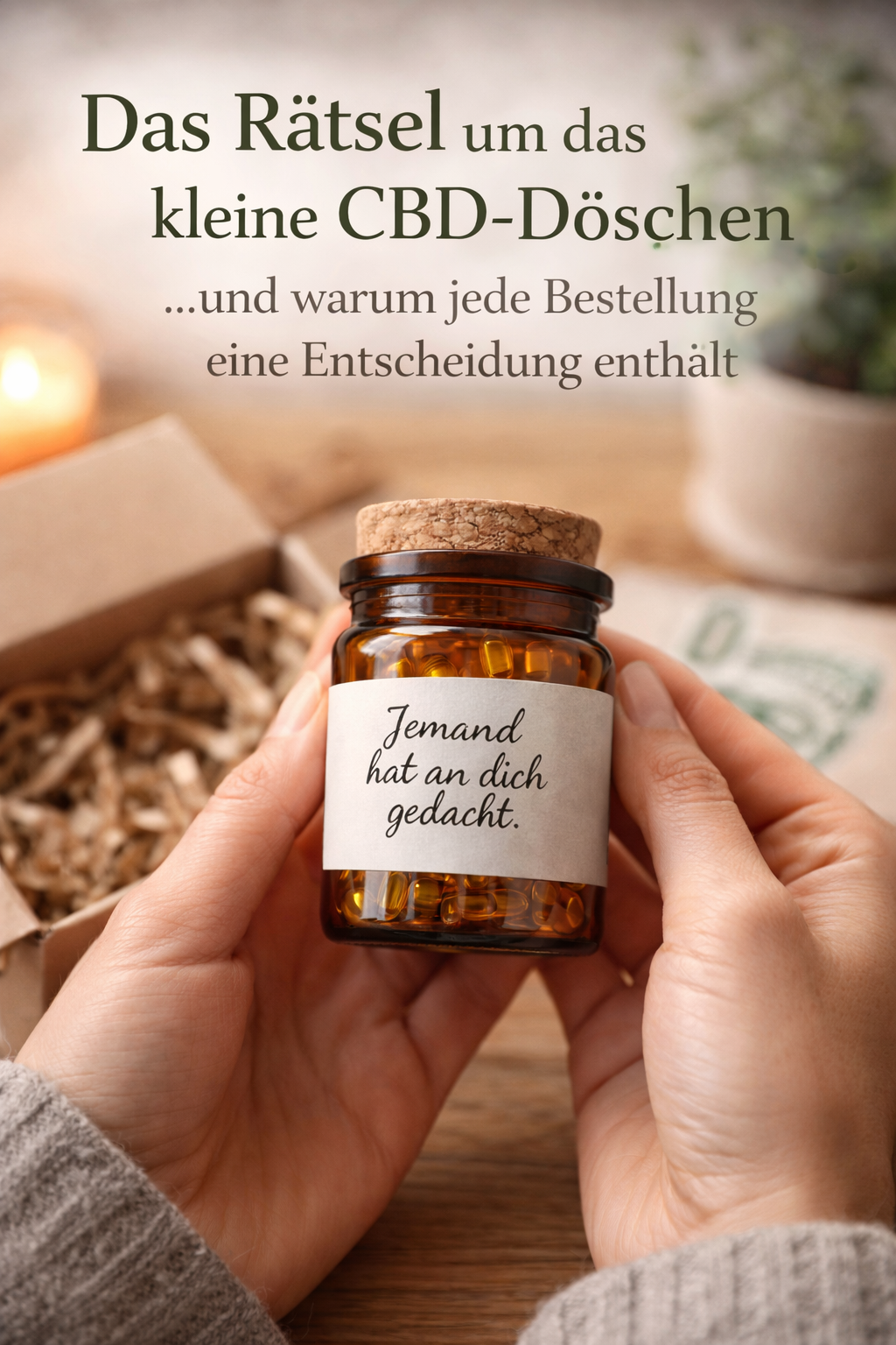 Kleines CBD-Döschen mit der Aufschrift „Jemand hat an dich gedacht“ wird in den Händen gehalten – symbolisch für die Entscheidung, es selbst zu nutzen oder an einen geliebten Menschen weiterzugeben