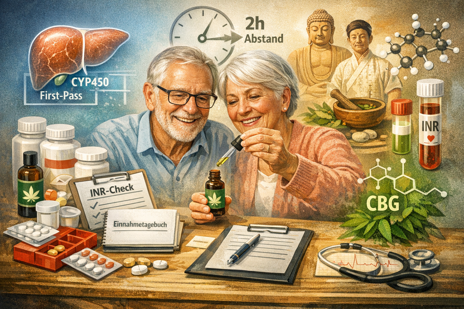 Ältere Senioren bei Einnahme von CBD-Öl mit Hinweis auf Wechselwirkungen, CYP450-Leberstoffwechsel, 2-Stunden-Fenster, INR-Blutkontrolle und CBG – Arzneimittelsicherheit bei Polypharmazie im Alter.