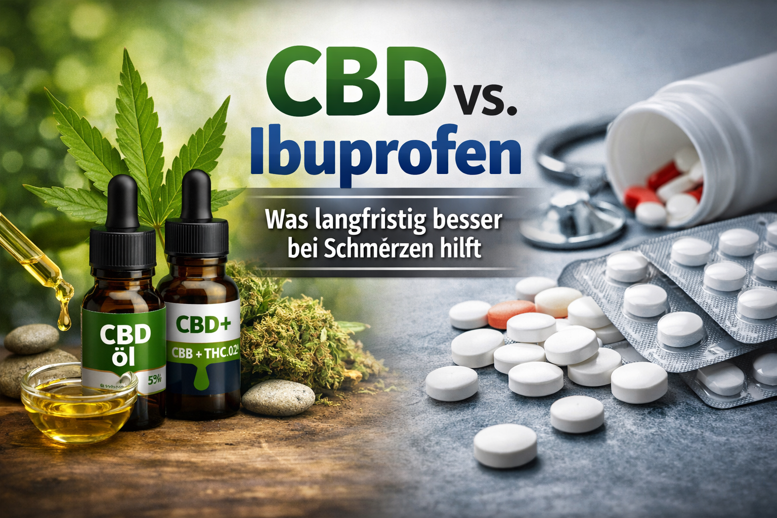 Vergleich zwischen CBD Öl und Ibuprofen bei Schmerzen: natürliche CBD Produkte mit Hanfblättern auf der linken Seite und Schmerztabletten auf der rechten Seite, Darstellung der Unterschiede in der langfristigen Schmerzbehandlung