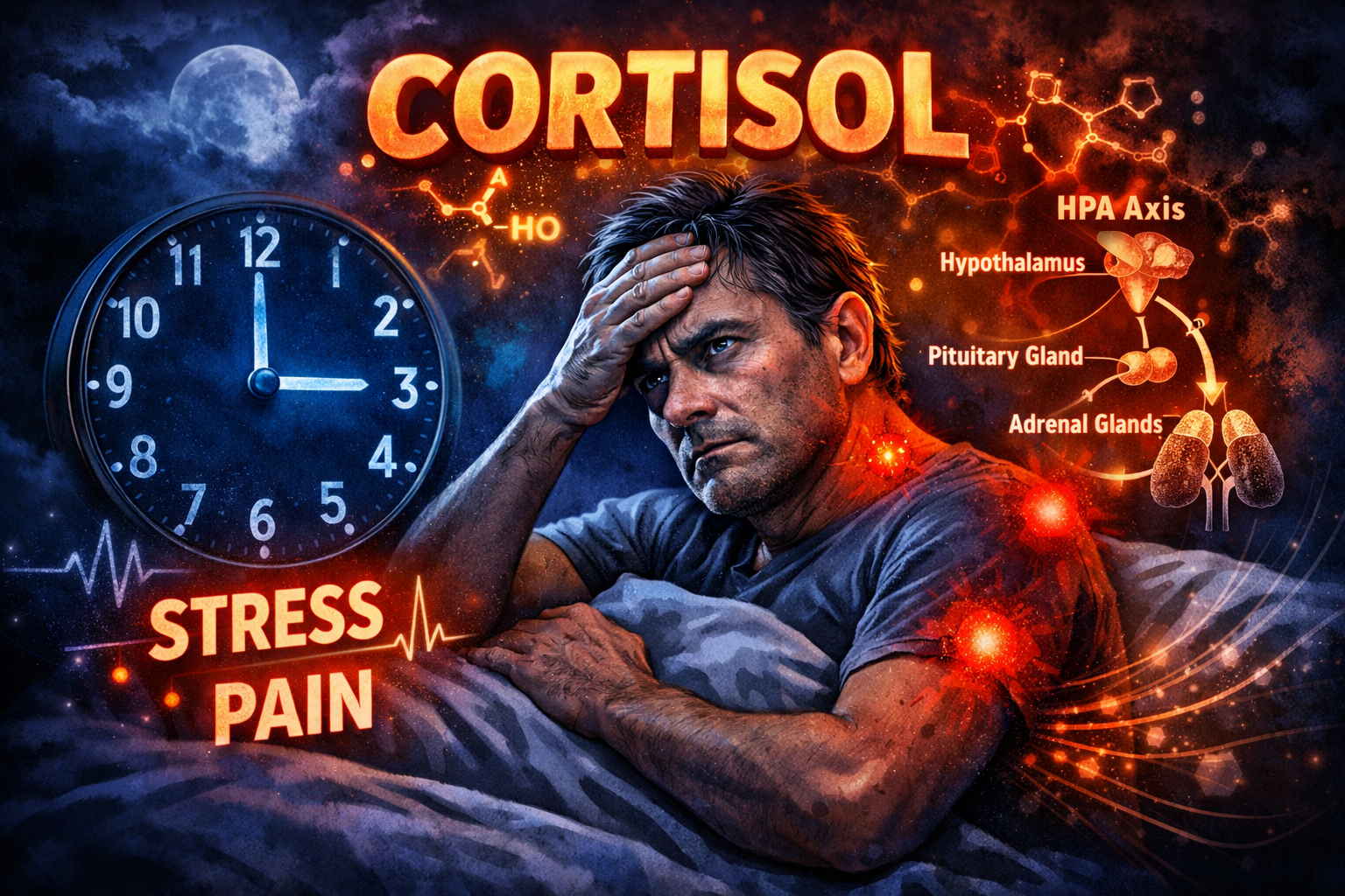 Illustration zum Zusammenhang zwischen Cortisol, HPA-Achse, chronischen Schmerzen und nächtlichen Sc
