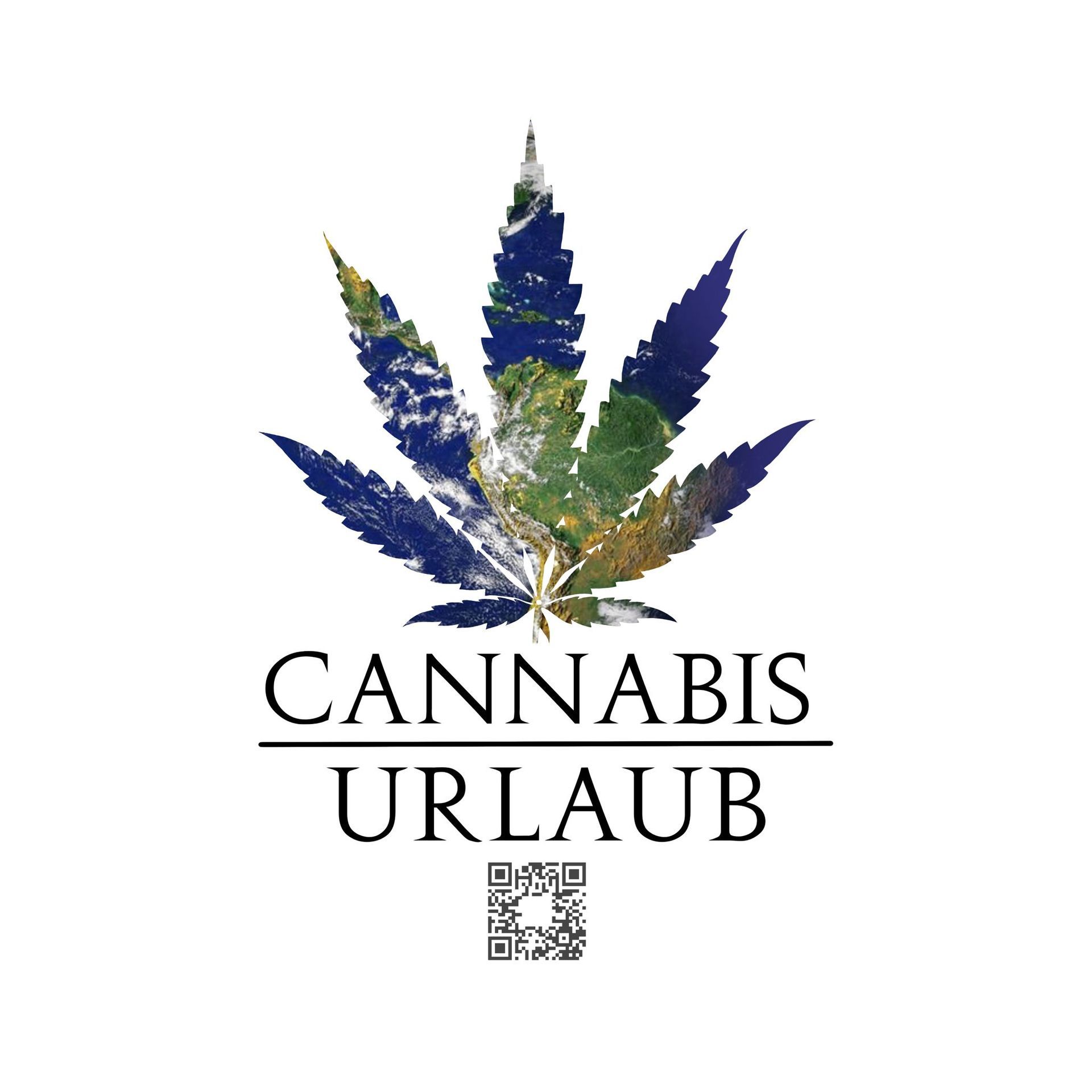 Logo von Cannabis Urlaub – weißes Blatt mit durchsichtigem Cannabisblatt im Hintergrund und Erde