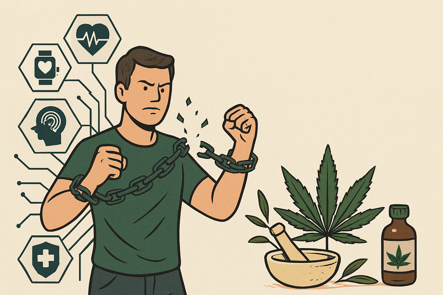 Düstere Illustration eines Menschen, der sich aus digitaler Gesundheitsüberwachung befreit