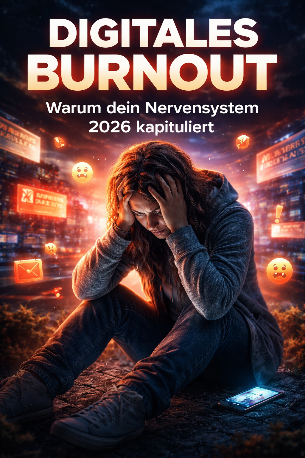 Frau mit Smartphone im digitalen Stress – Symbol für Doomscrolling, Informationsüberlastung und Nervensystem-Burnout 2026