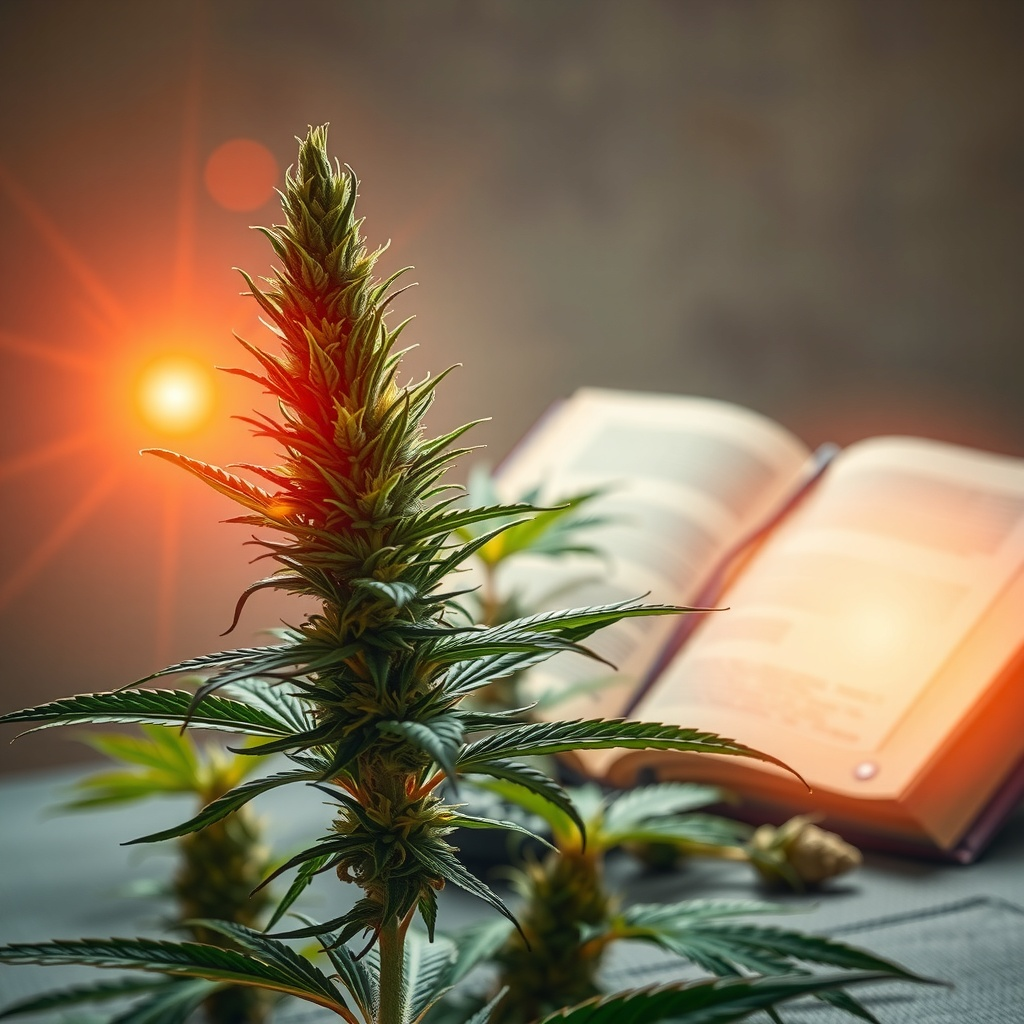 Vibrante Cannabis-Pflanze neben einem aufgeschlagenen Buch, symbolisiert umfassendes Wissen und natü
