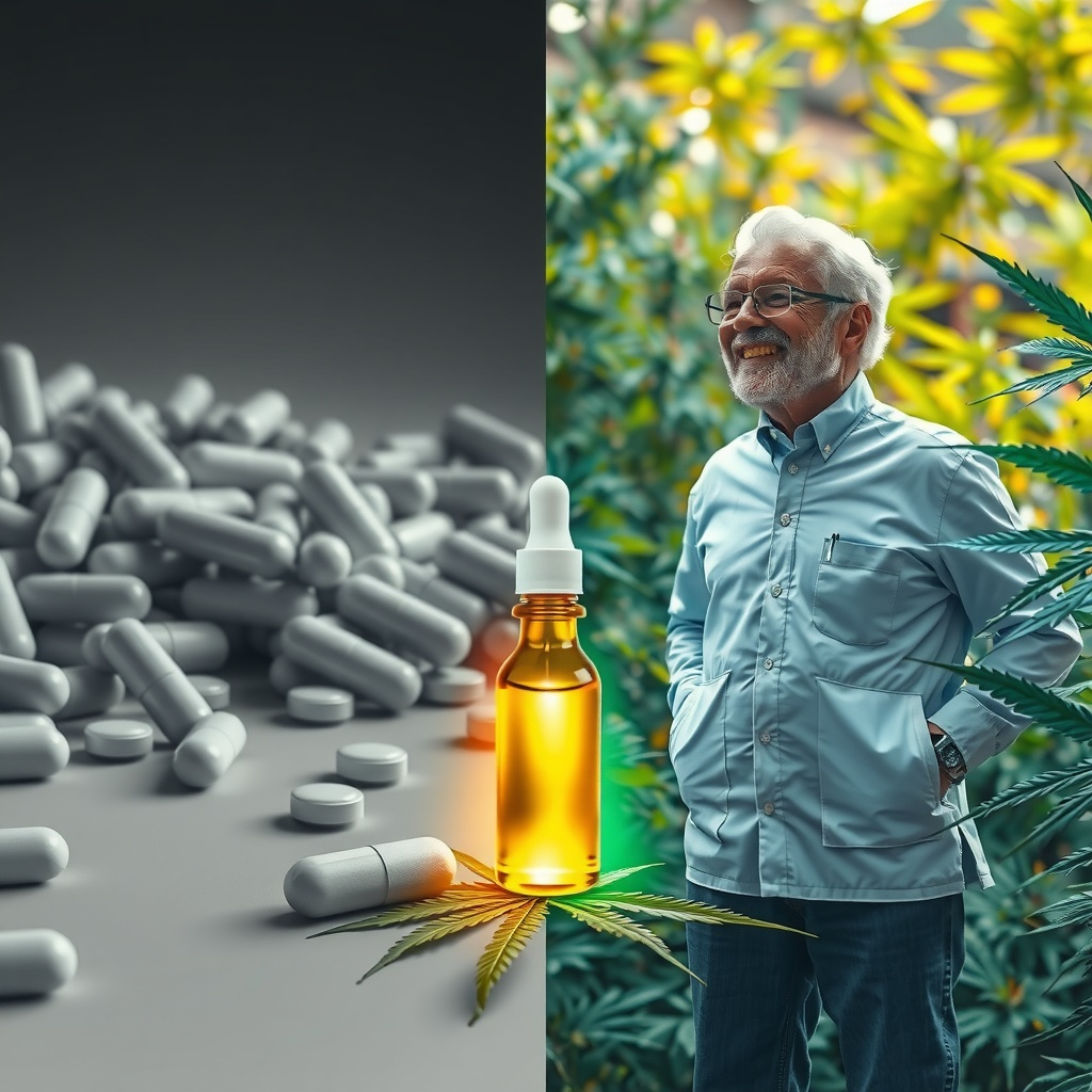 graue Pharmawelt mit Tabletten und auf der anderen Seite eine natur Welt mit CBD Pflanzen