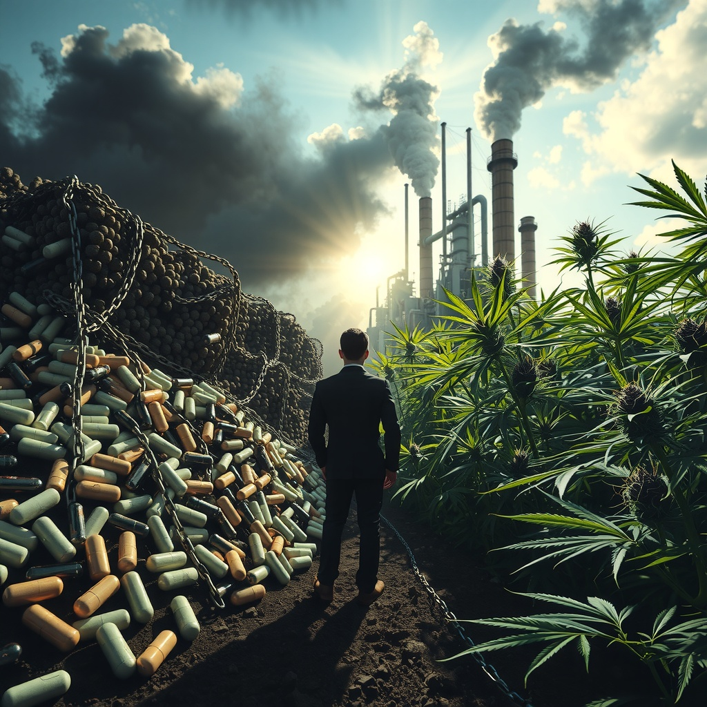 Mensch befreit sich aus Fesseln von Schmerzmitteln, während Cannabis Heilung und Hoffnung symbolisie