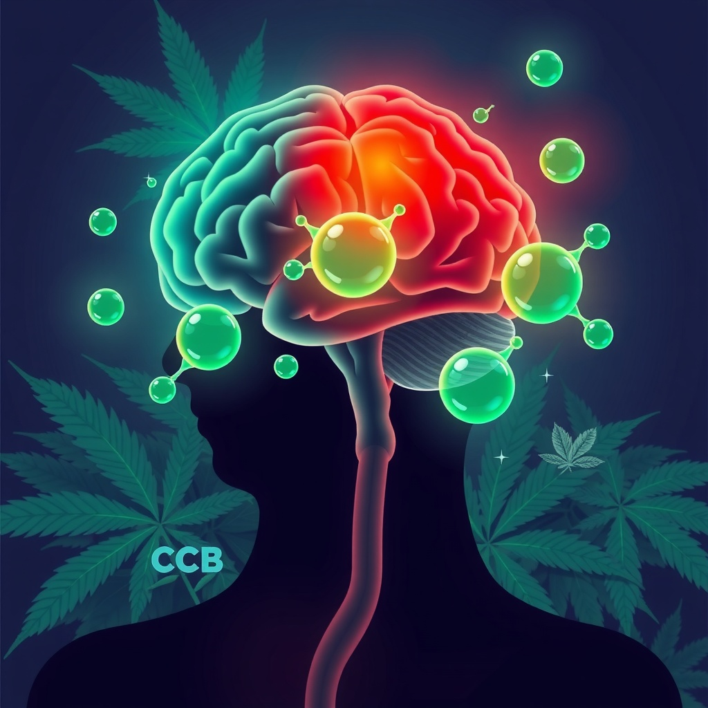 gehirn mit vielen rezeptoren und im hintergrund ein cannabis blatt