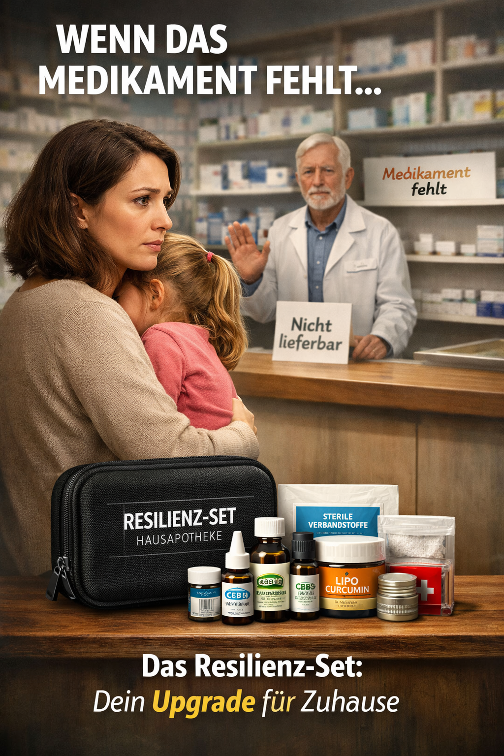 Mutter mit Kind in Apotheke bei Medikamentenengpass und Resilienz-Set als Vorsorgelösung für zu Haus