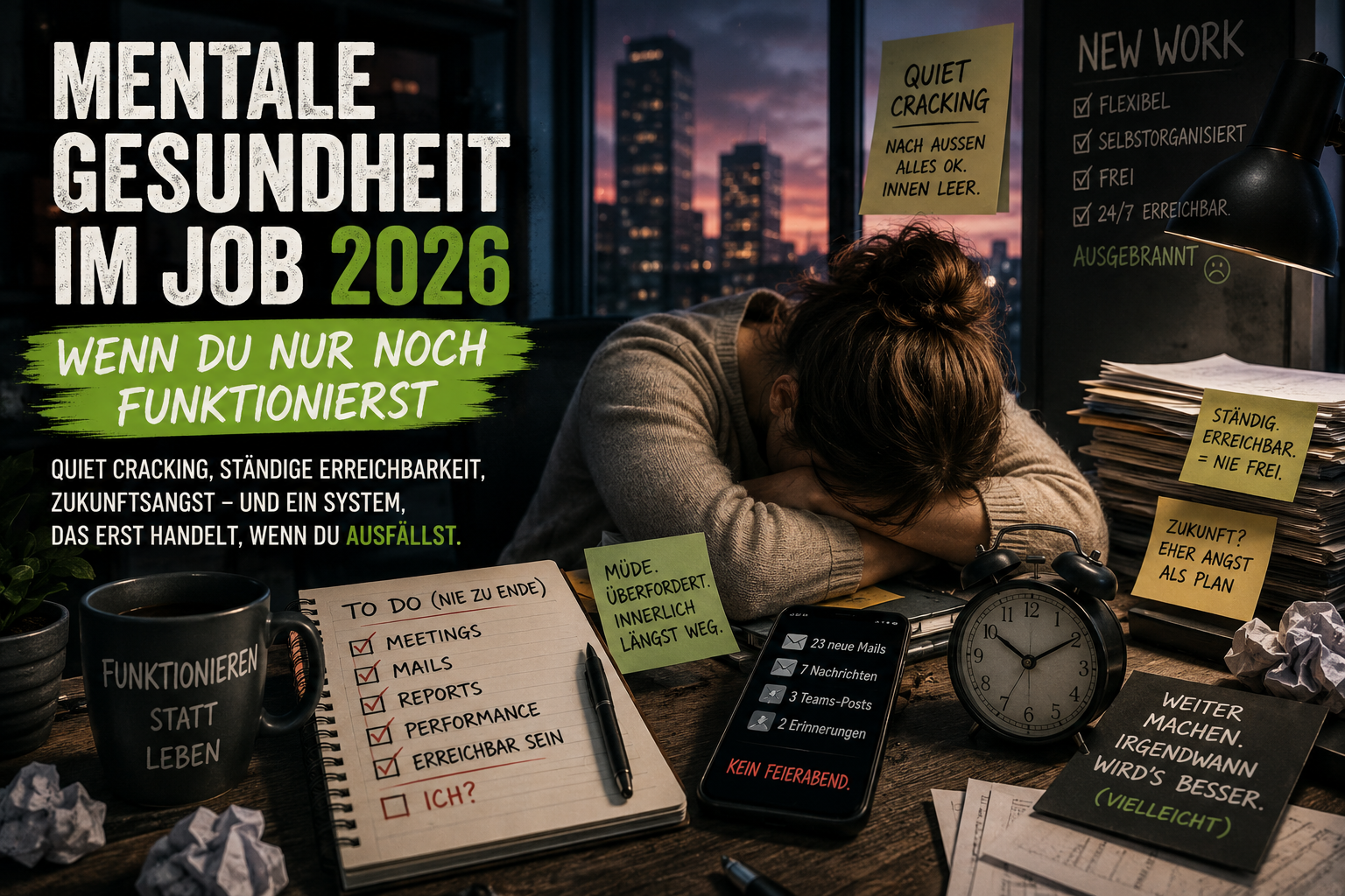 Erschöpfte Beschäftigte am Schreibtisch als Symbol für mentale Gesundheit im Job und Quiet Cracking 2026